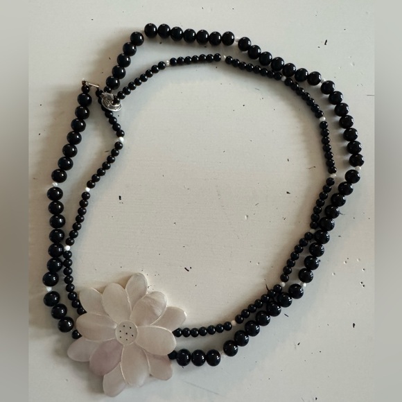Karla Jordan Jewelry - Black Beaded Necklace with White Abalone Flower Accent Black Beads
